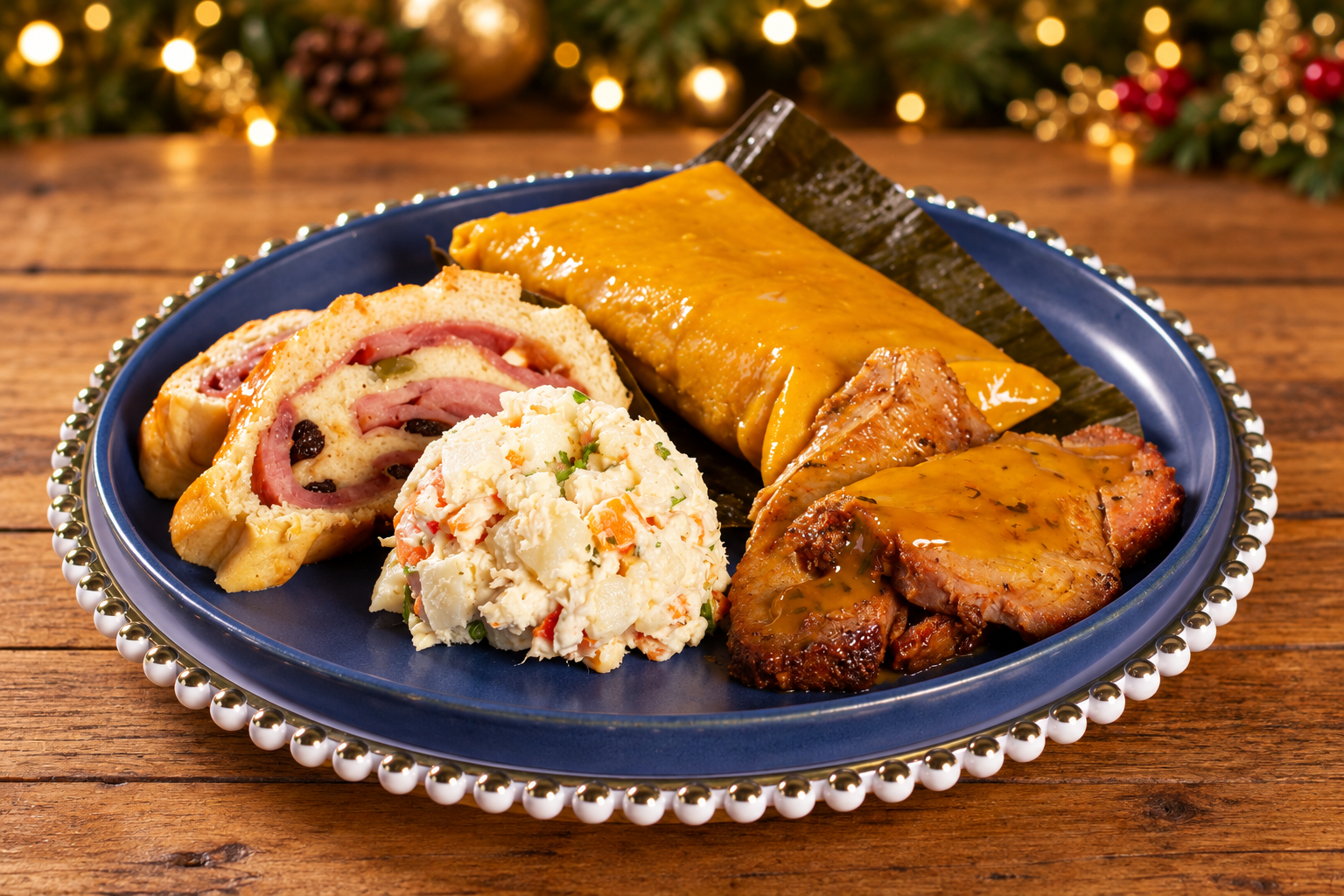 Plato navideño con pernil ahumado; la otra opción de proteína es asado negro